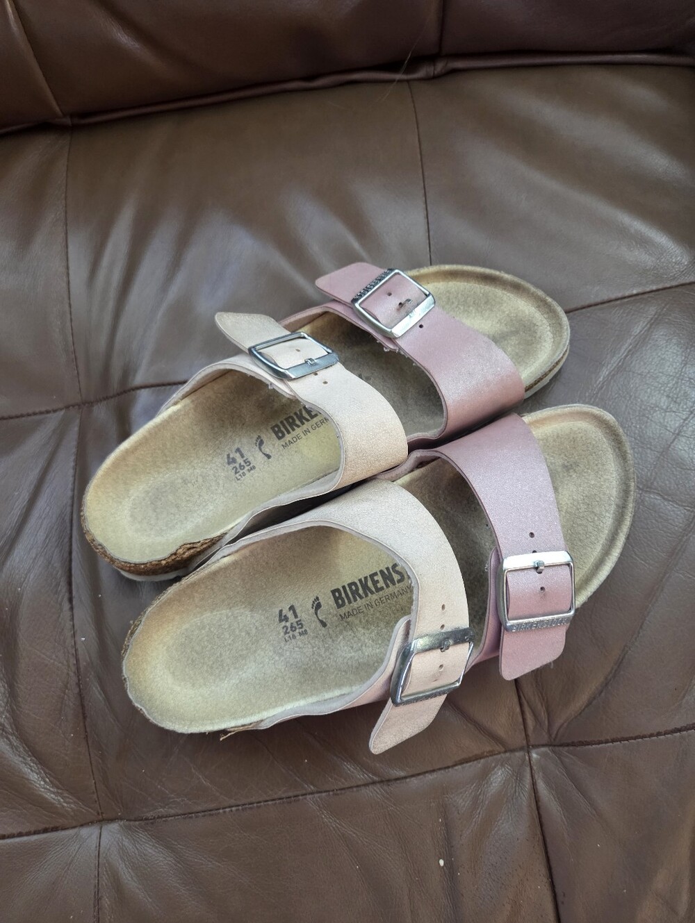 Birkenstock Arizona Two Tone Metallic Rose Gold Blush Pink Sandals EU 41 US 10
